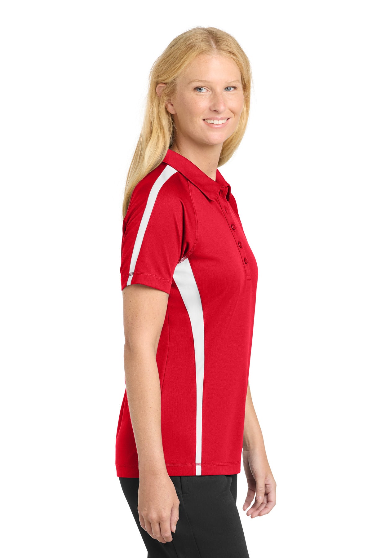 Sport-Tek Women's PosiCharge Micro-Mesh Colorblock Polo. LST685 - True Red/ White - side