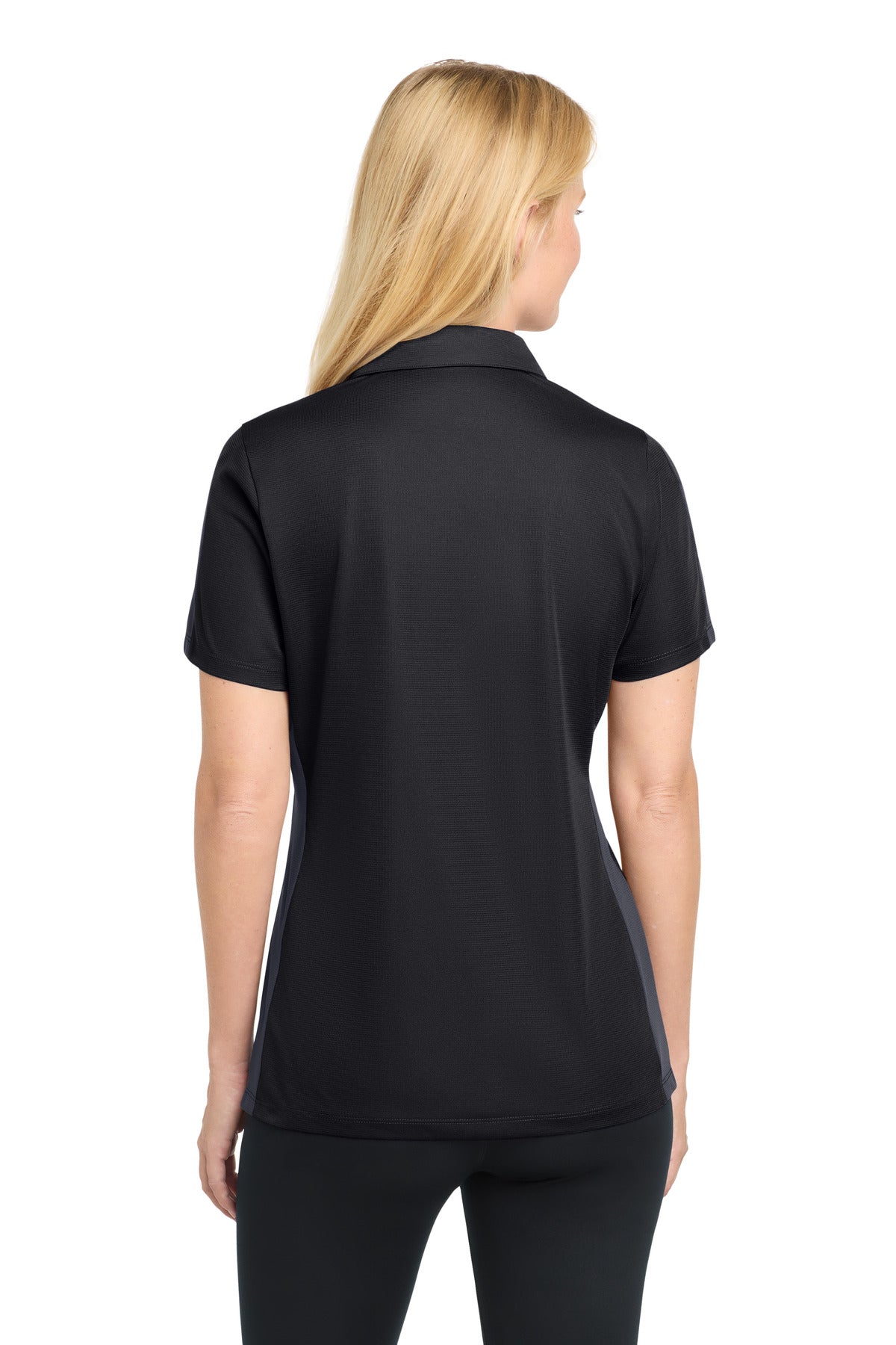 DISCONTINUED Sport-Tek Women's PosiCharge Active Textured Colorblock Polo. LST695 - Black/ Grey - back