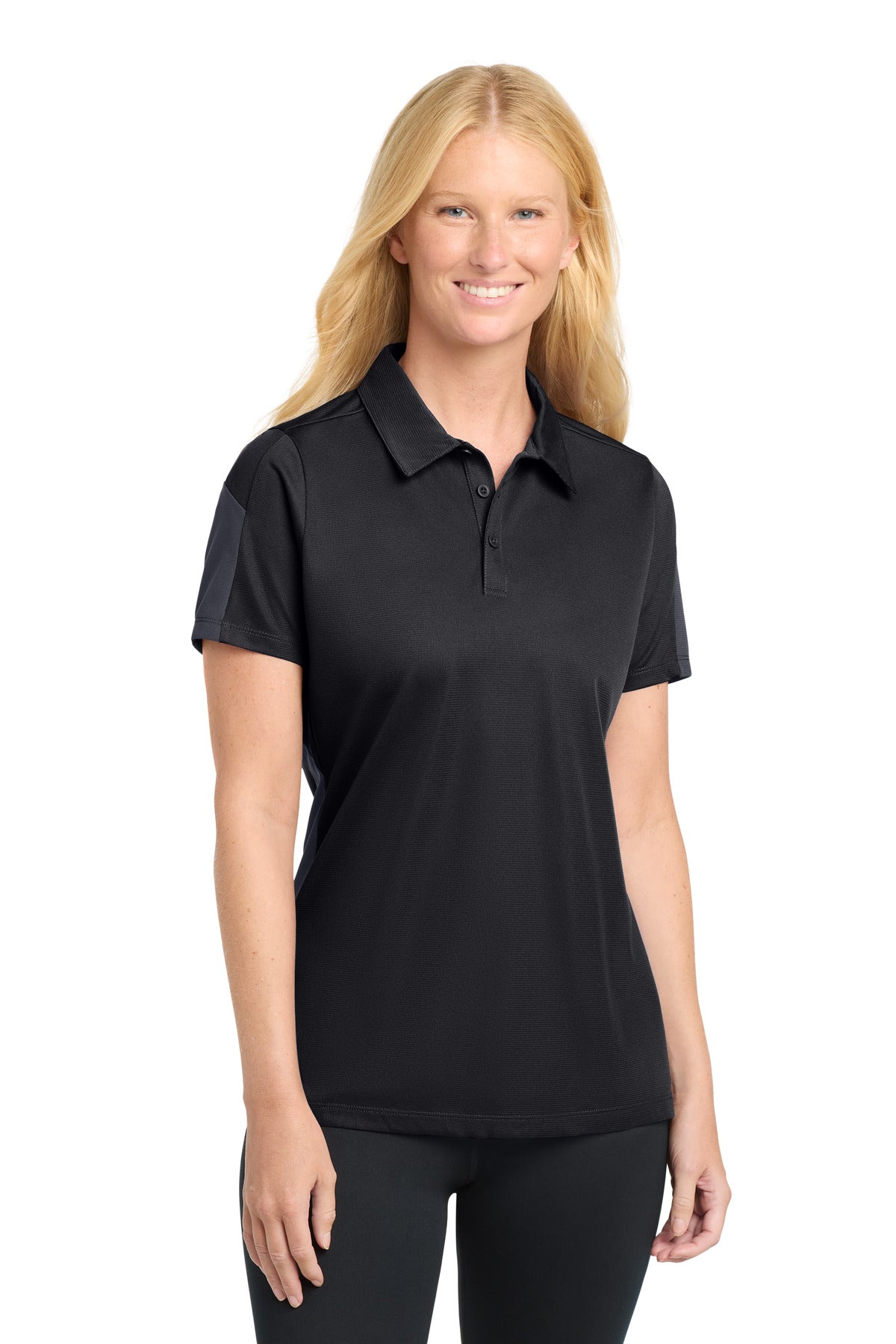 DISCONTINUED Sport-Tek Women's PosiCharge Active Textured Colorblock Polo. LST695 - Black/ Grey - front