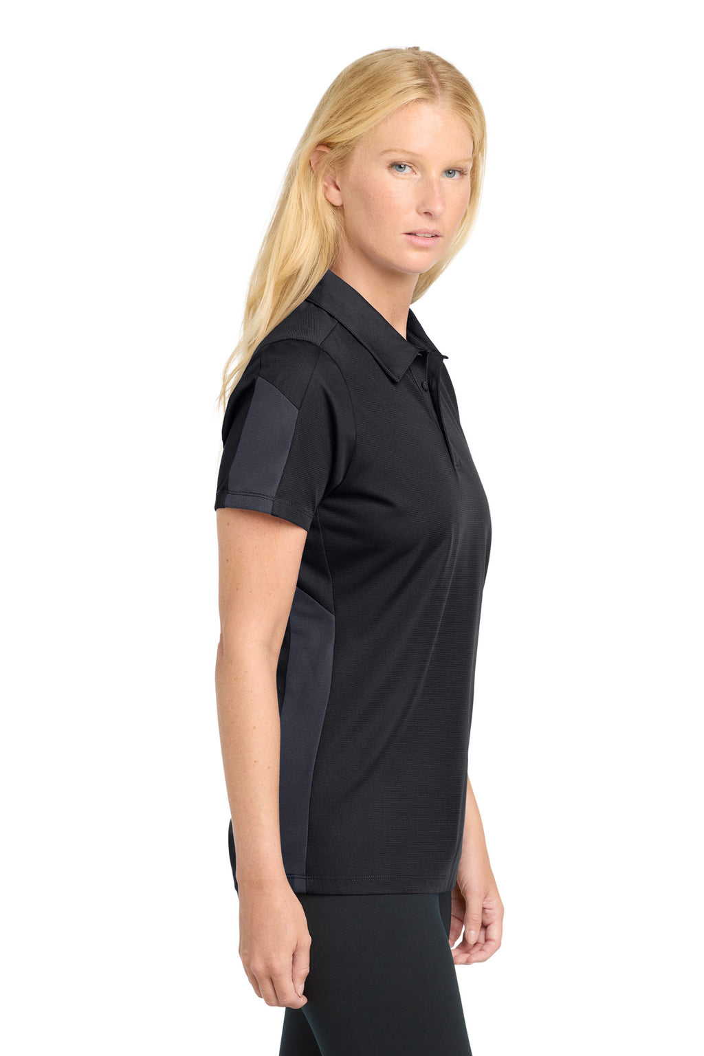 DISCONTINUED Sport-Tek Women's PosiCharge Active Textured Colorblock Polo. LST695 - Black/ Grey - side