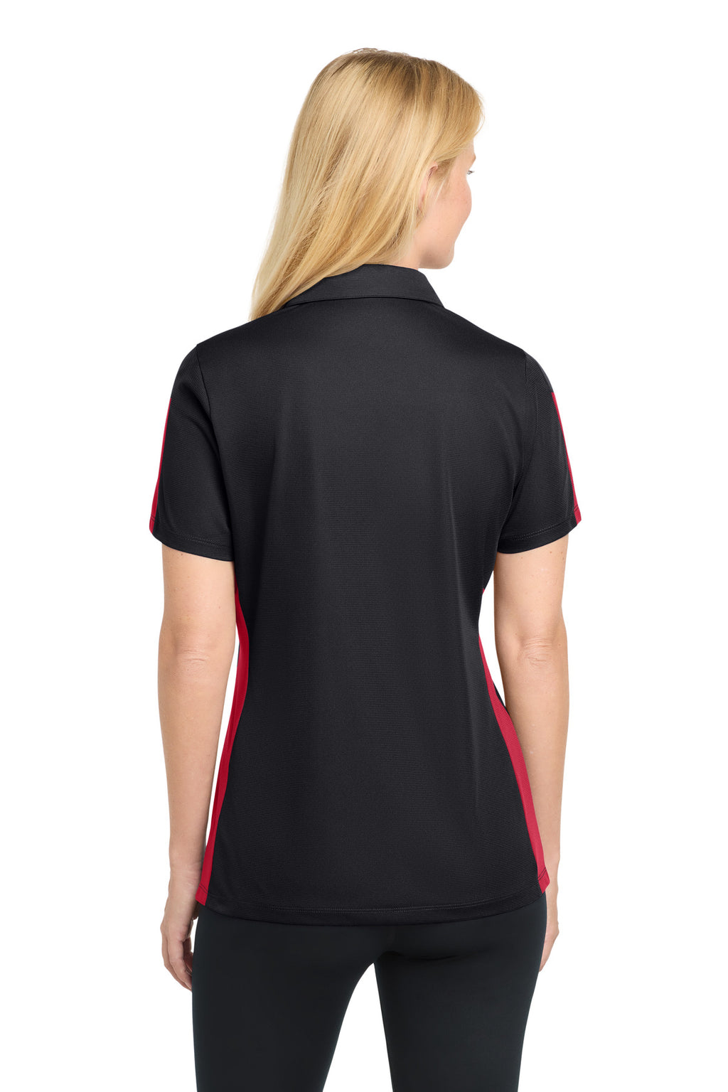 DISCONTINUED Sport-Tek Women's PosiCharge Active Textured Colorblock Polo. LST695 - Black/ True Red - back