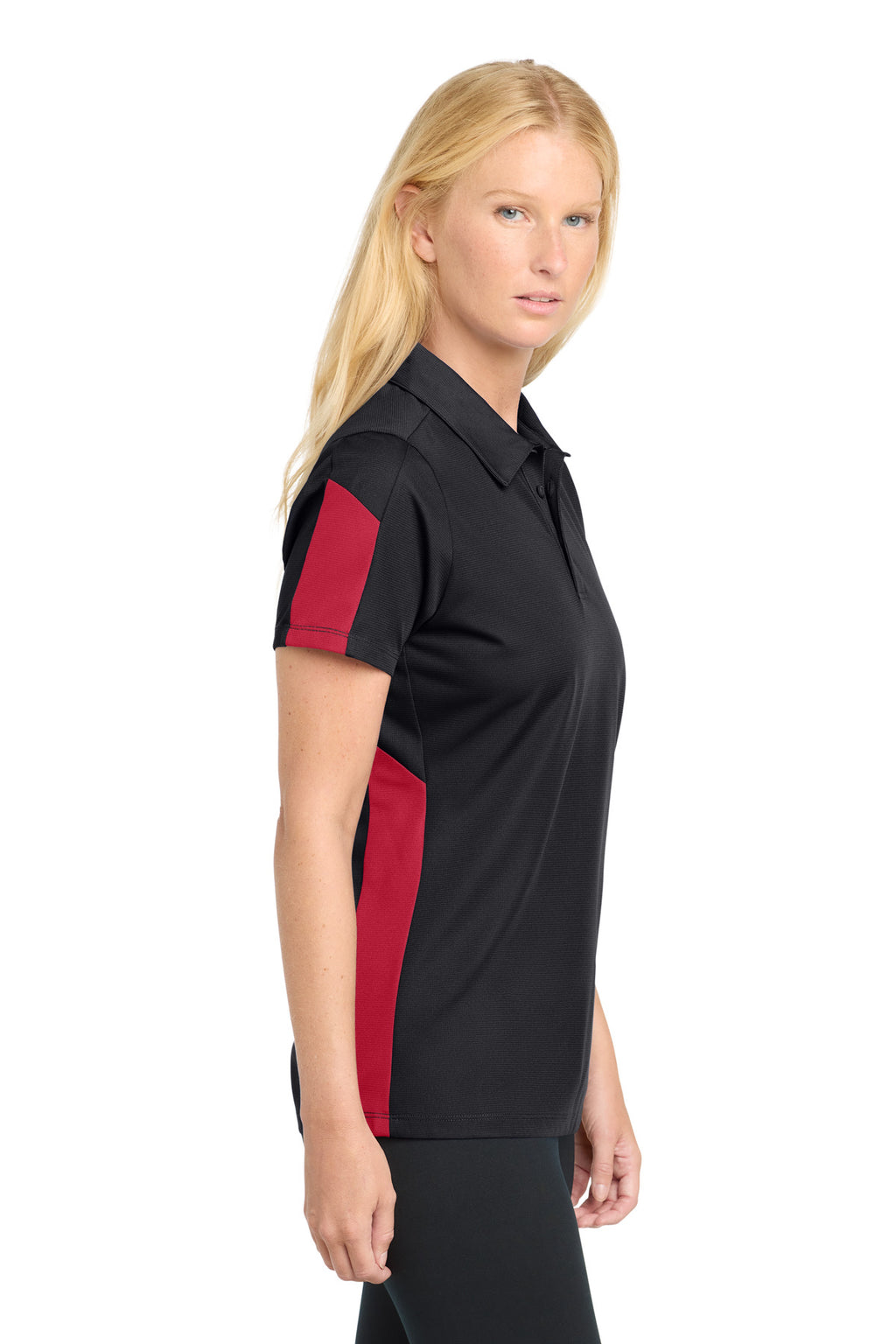 DISCONTINUED Sport-Tek Women's PosiCharge Active Textured Colorblock Polo. LST695 - Black/ True Red - side