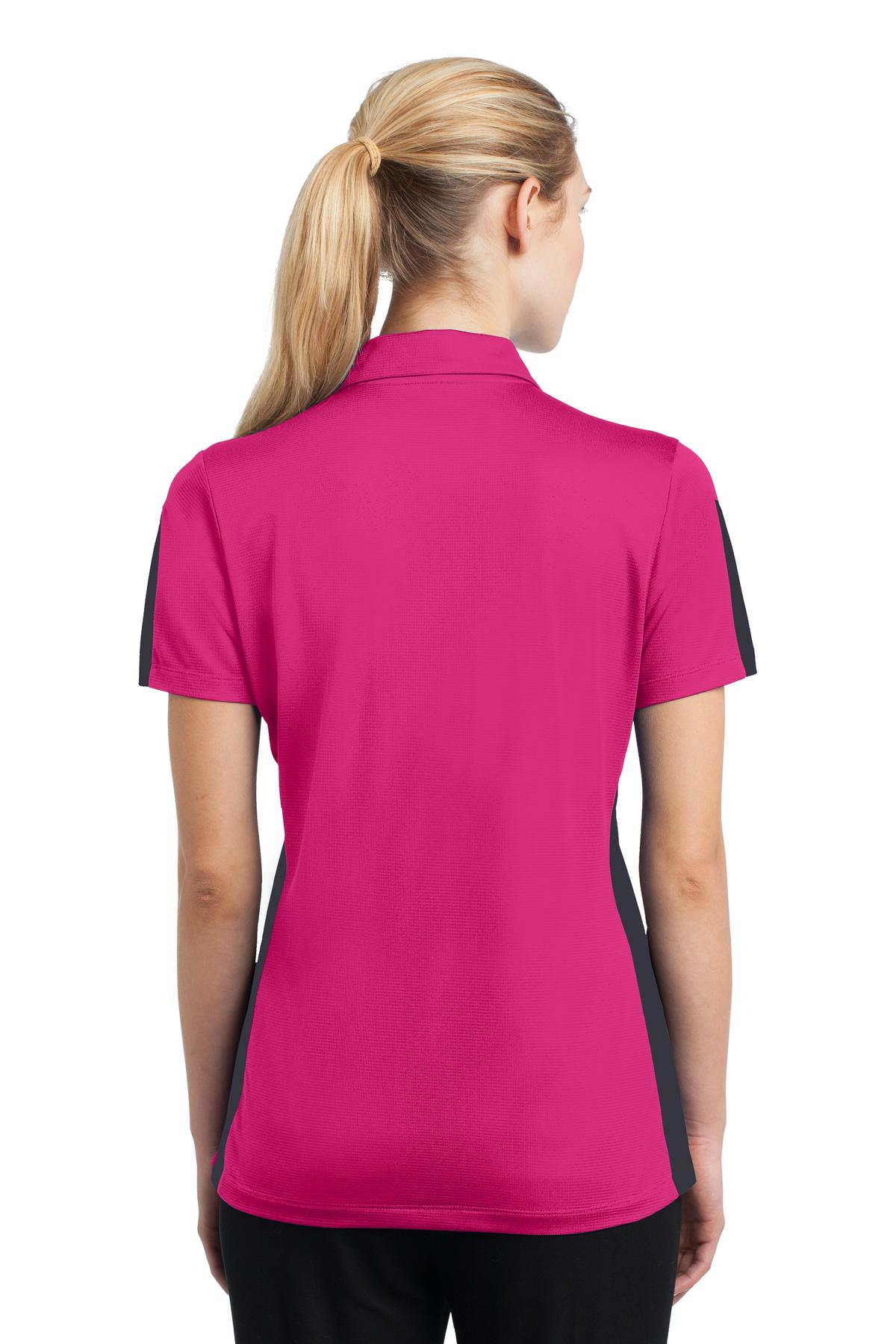 DISCONTINUED Sport-Tek Women's PosiCharge Active Textured Colorblock Polo. LST695 - Pink Raspberry/ Grey - back