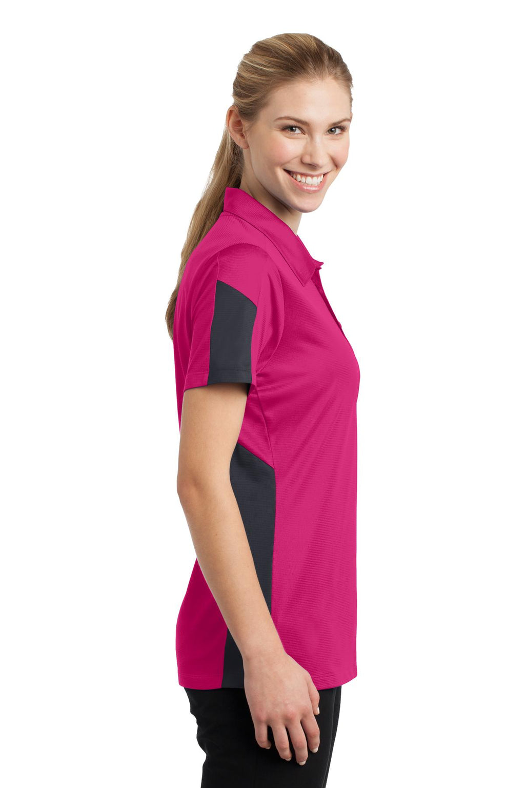 DISCONTINUED Sport-Tek Women's PosiCharge Active Textured Colorblock Polo. LST695 - Pink Raspberry/ Grey - side