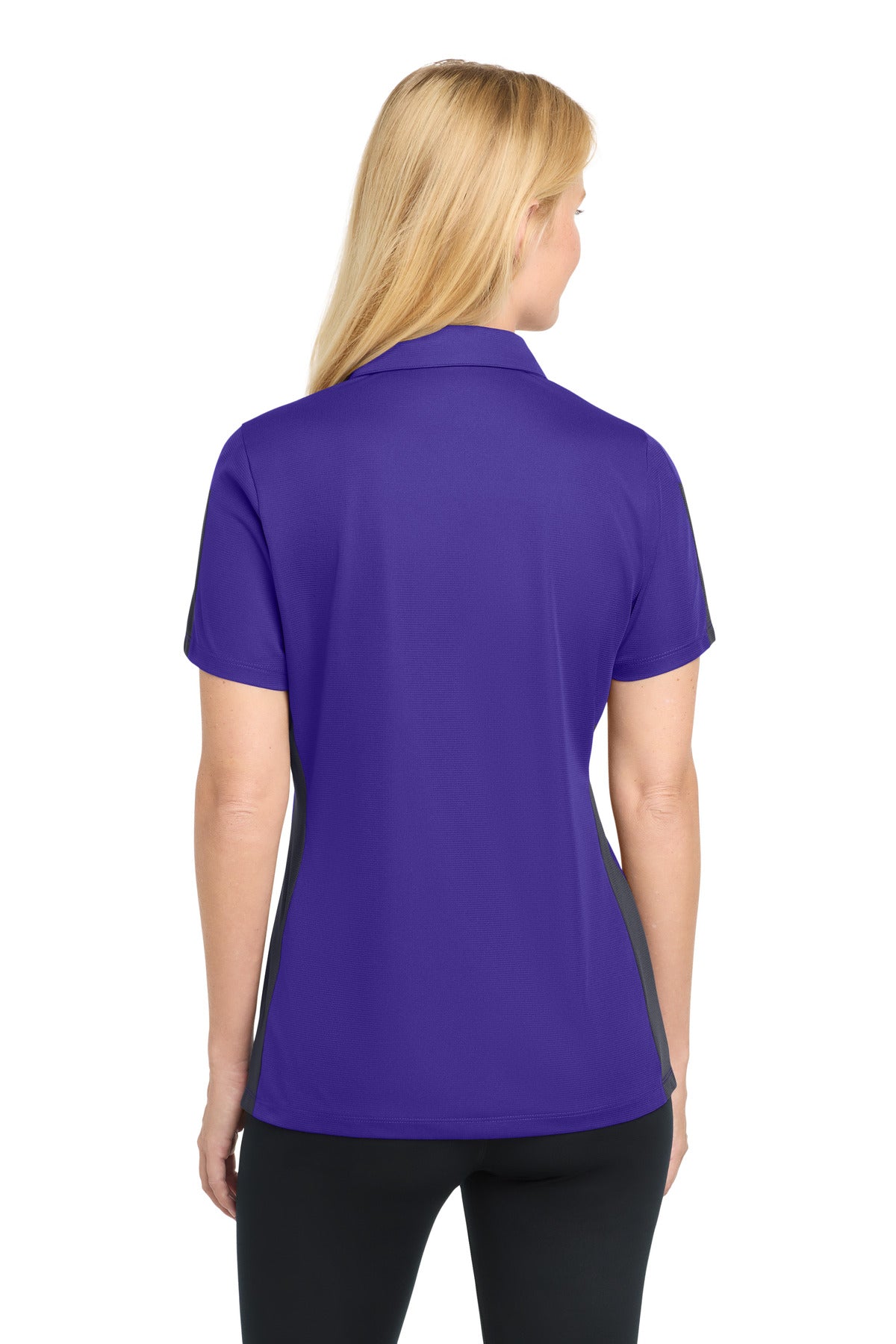 DISCONTINUED Sport-Tek Women's PosiCharge Active Textured Colorblock Polo. LST695 - Purple/ Grey - back