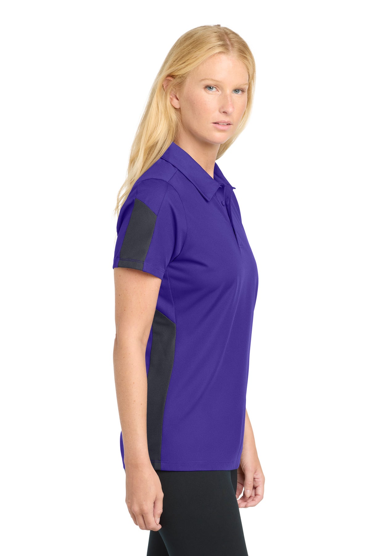 DISCONTINUED Sport-Tek Women's PosiCharge Active Textured Colorblock Polo. LST695 - Purple/ Grey - side