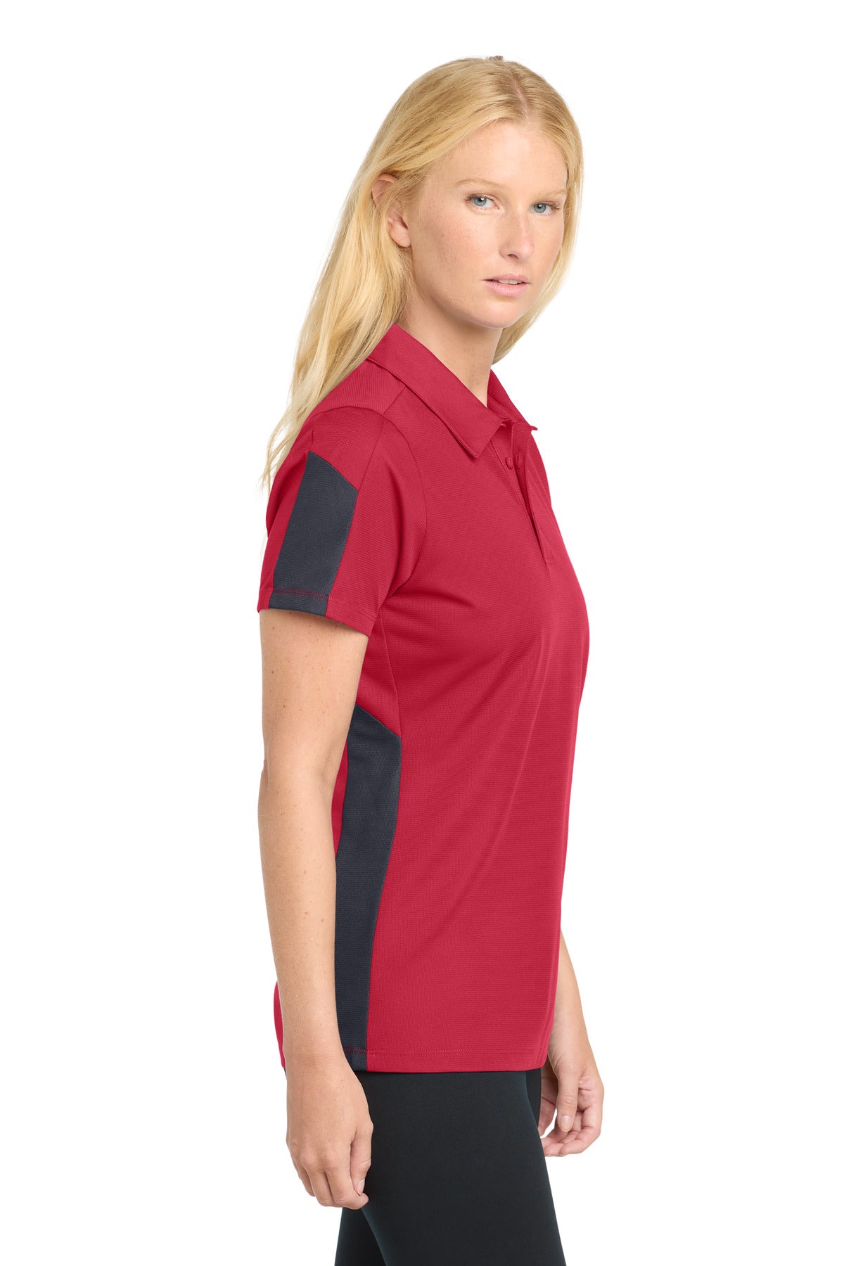 DISCONTINUED Sport-Tek Women's PosiCharge Active Textured Colorblock Polo. LST695 - True Red/ Grey - side