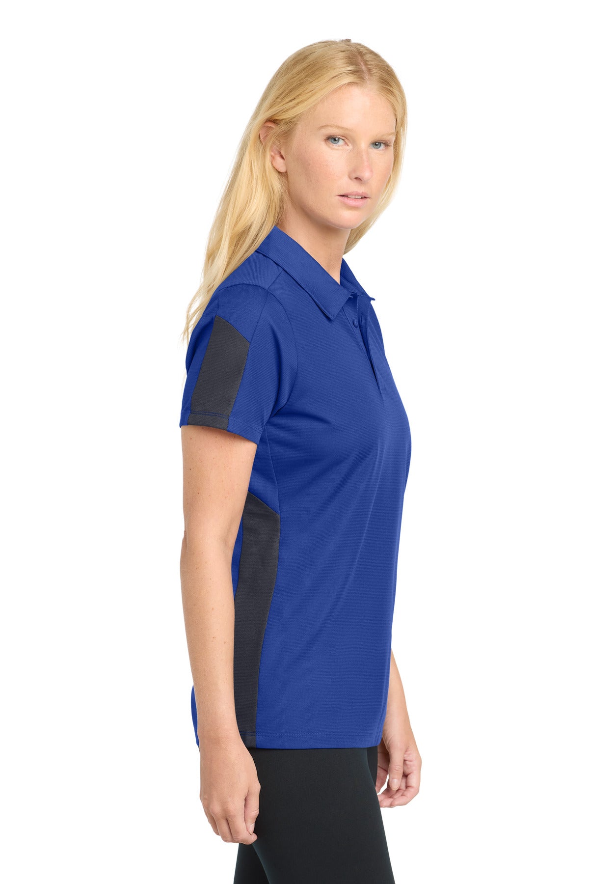 DISCONTINUED Sport-Tek Women's PosiCharge Active Textured Colorblock Polo. LST695 - True Royal/ Grey - side