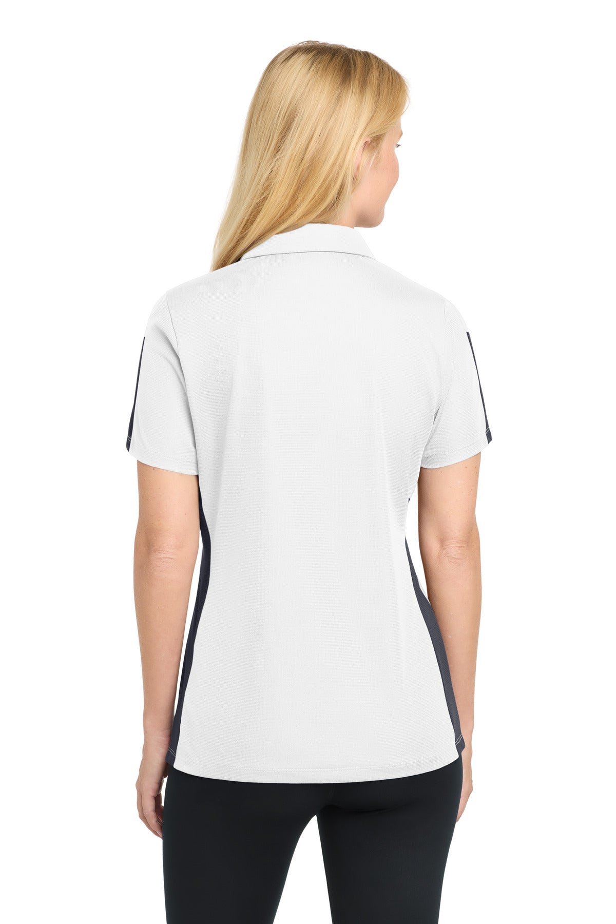 DISCONTINUED Sport-Tek Women's PosiCharge Active Textured Colorblock Polo. LST695 - White/ Grey - back