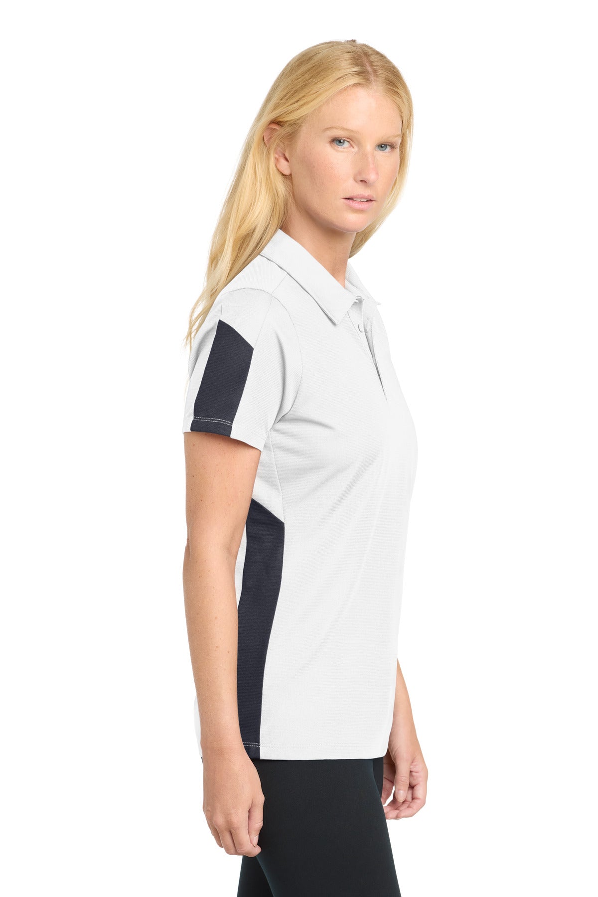 DISCONTINUED Sport-Tek Women's PosiCharge Active Textured Colorblock Polo. LST695 - White/ Grey - side