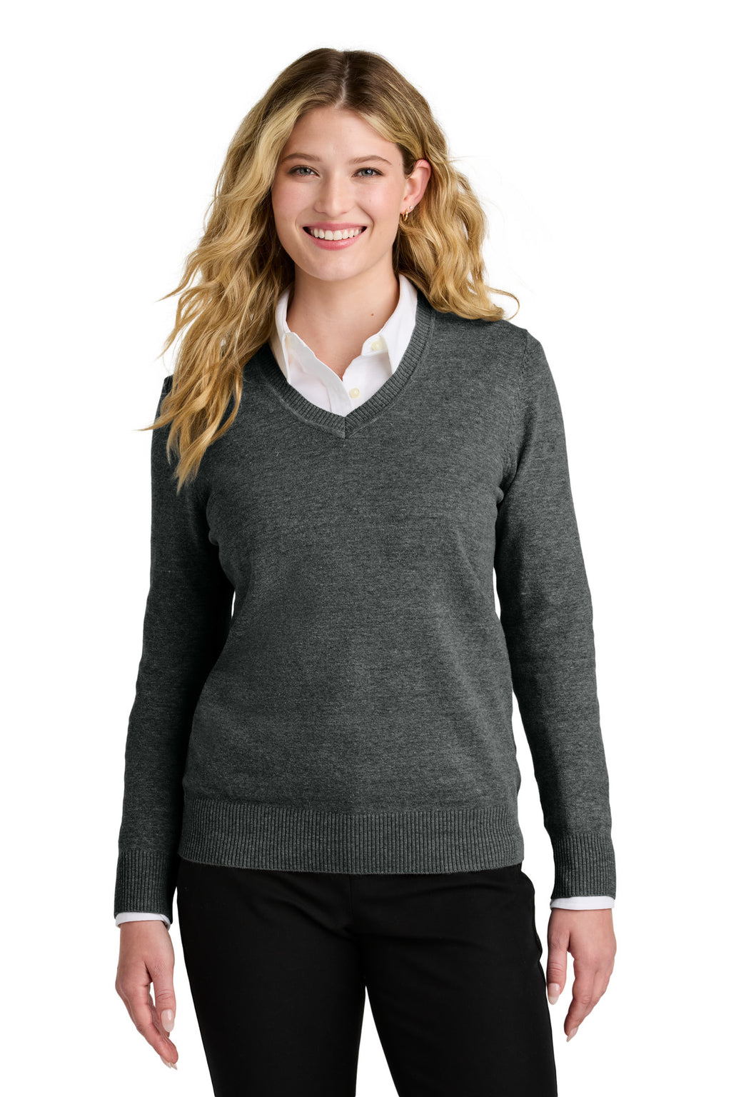 Port Authority Women's Easy Care V-Neck Sweater LSW2850 - Charcoal Heather - front
