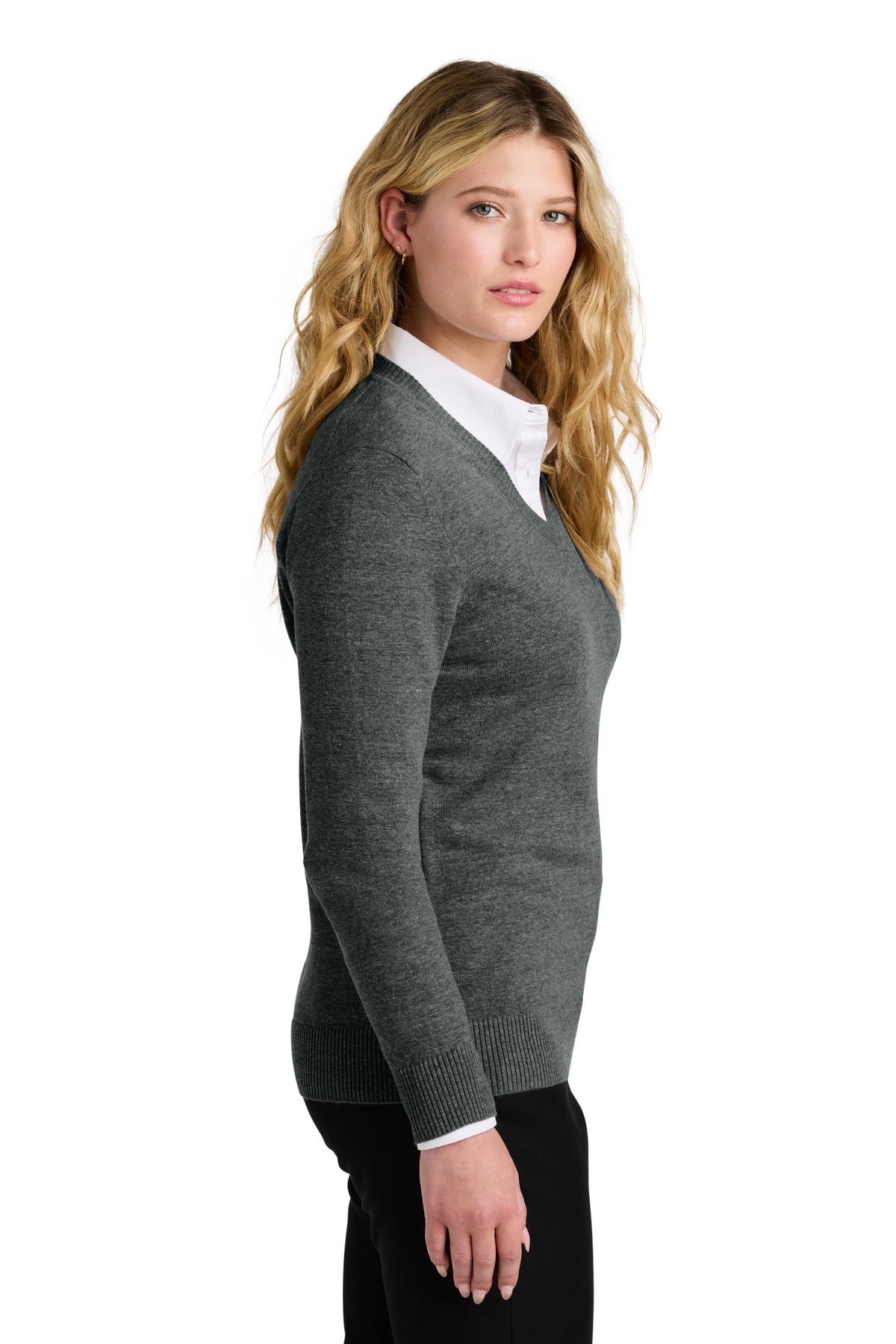 Port Authority Women's Easy Care V-Neck Sweater LSW2850 - Charcoal Heather - side