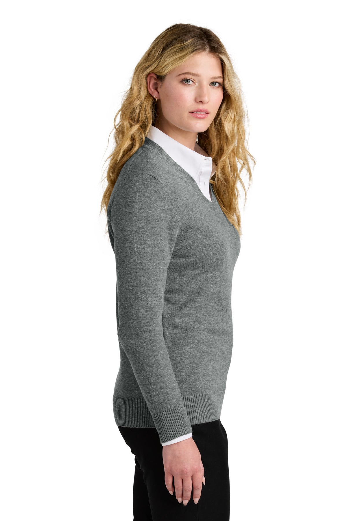 Port Authority Women's Easy Care V-Neck Sweater LSW2850 - Medium Heather Grey - side