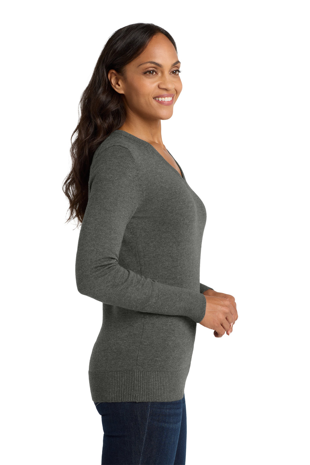 DISCONTINUED Port Authority Women's V-Neck Sweater. LSW285 - Charcoal Heather - side