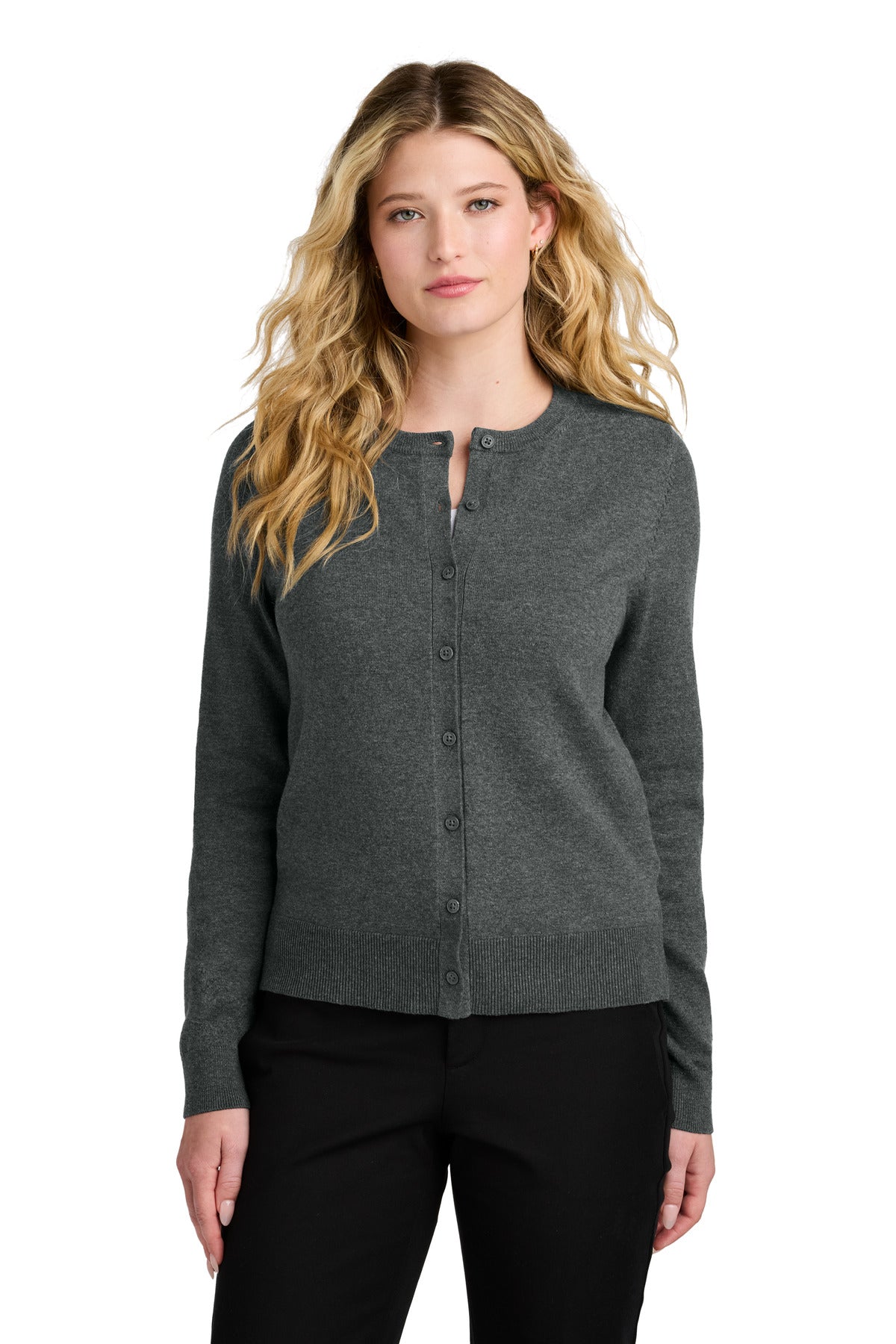 Port Authority Women's Easy Care Crewneck Cardigan Sweater LSW2870 - Charcoal Heather - front