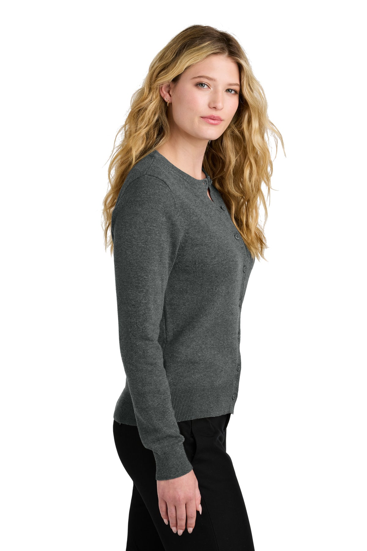 Port Authority Women's Easy Care Crewneck Cardigan Sweater LSW2870 - Charcoal Heather - side