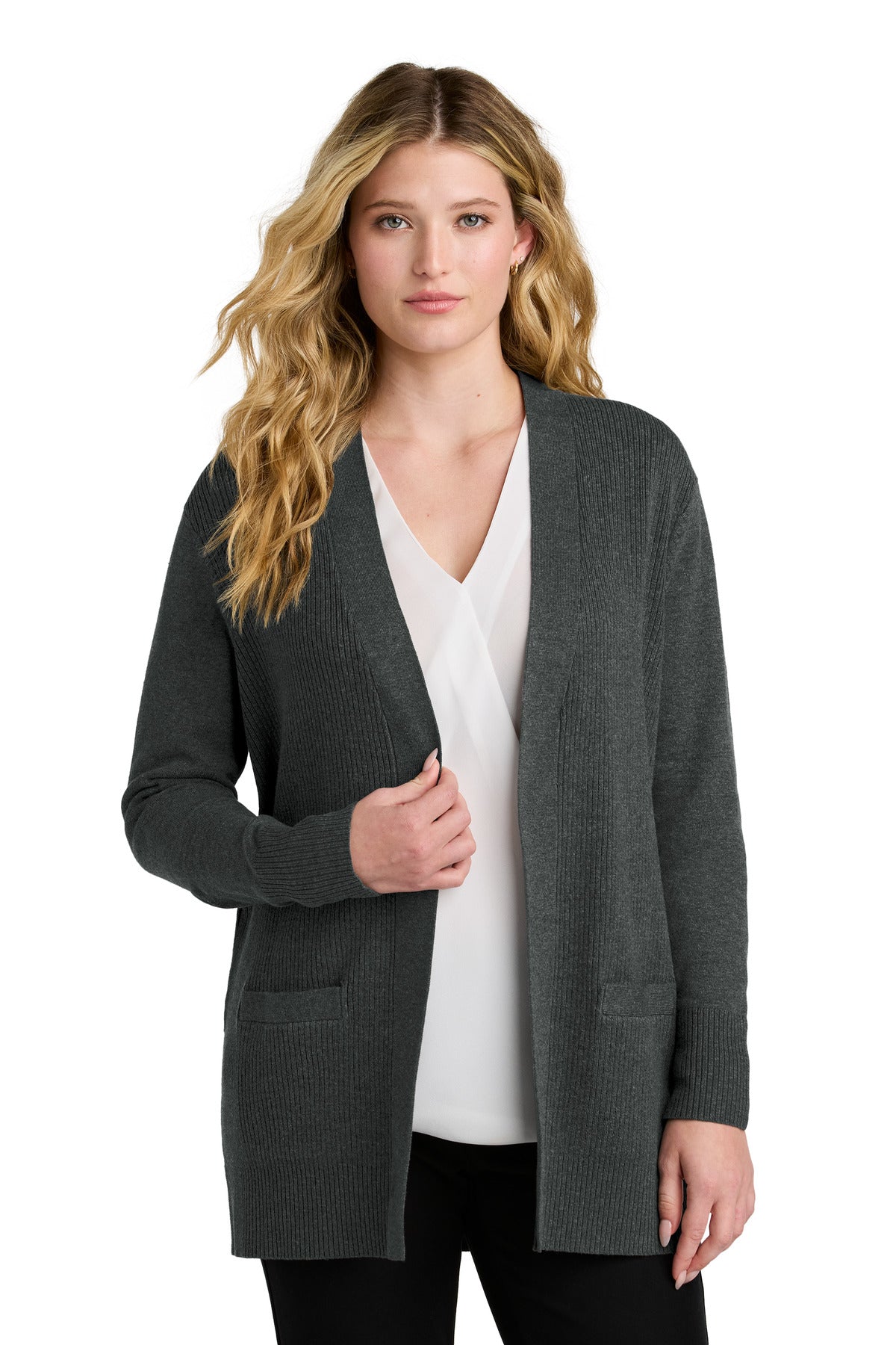Port Authority Women's Easy Care Open-Front Cardigan Sweater LSW2890 - Charcoal Heather - front