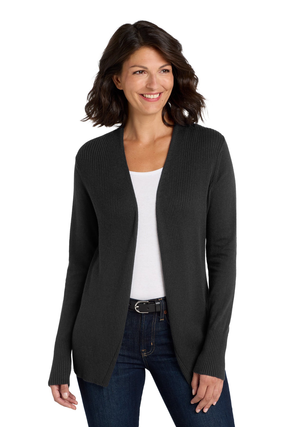 DISCONTINUED Port Authority Women's Open Front Cardigan Sweater. LSW289 - Black - front