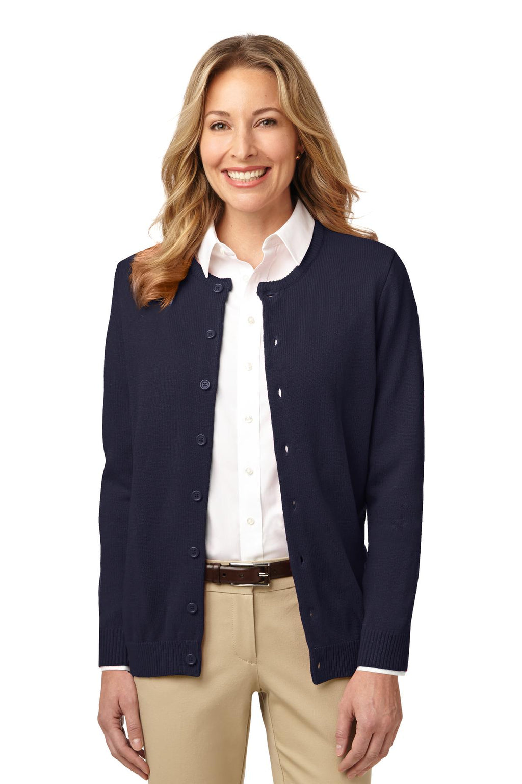 DISCONTINUED Port Authority Ladies Value Jewel-Neck Cardigan Sweater. LSW304 - Navy - front