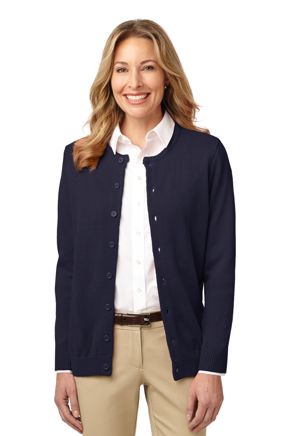 DISCONTINUED Port Authority Ladies Value Jewel-Neck Cardigan Sweater. LSW304 - Navy - front