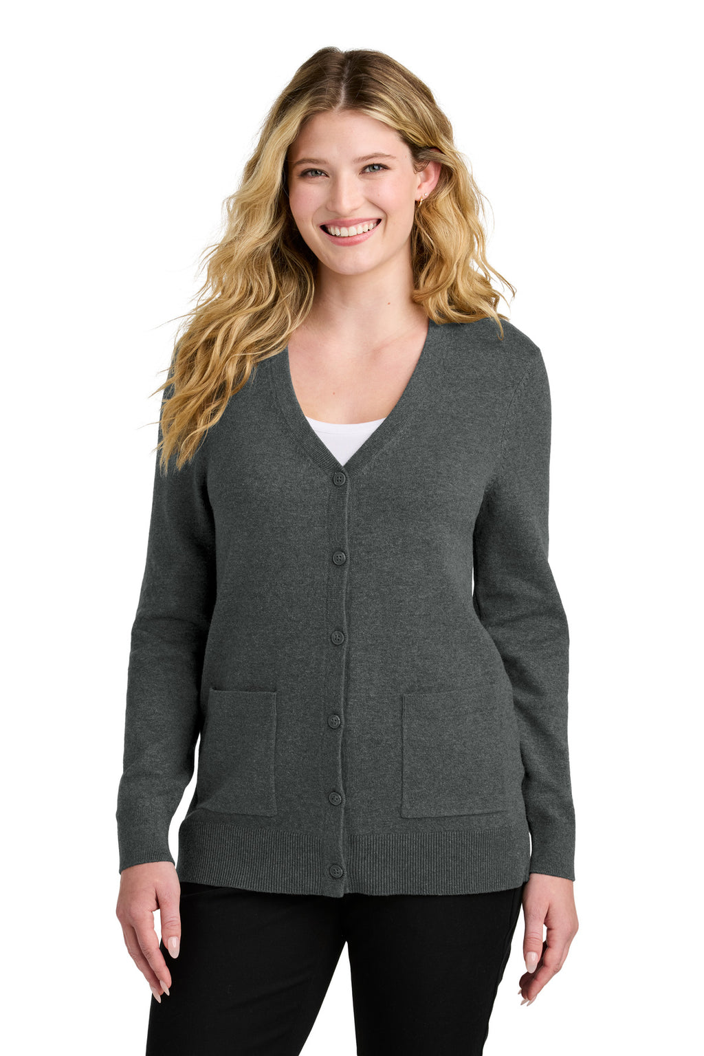 Port Authority Women's Easy Care Button-Up Cardigan Sweater LSW4150 - Charcoal Heather - front