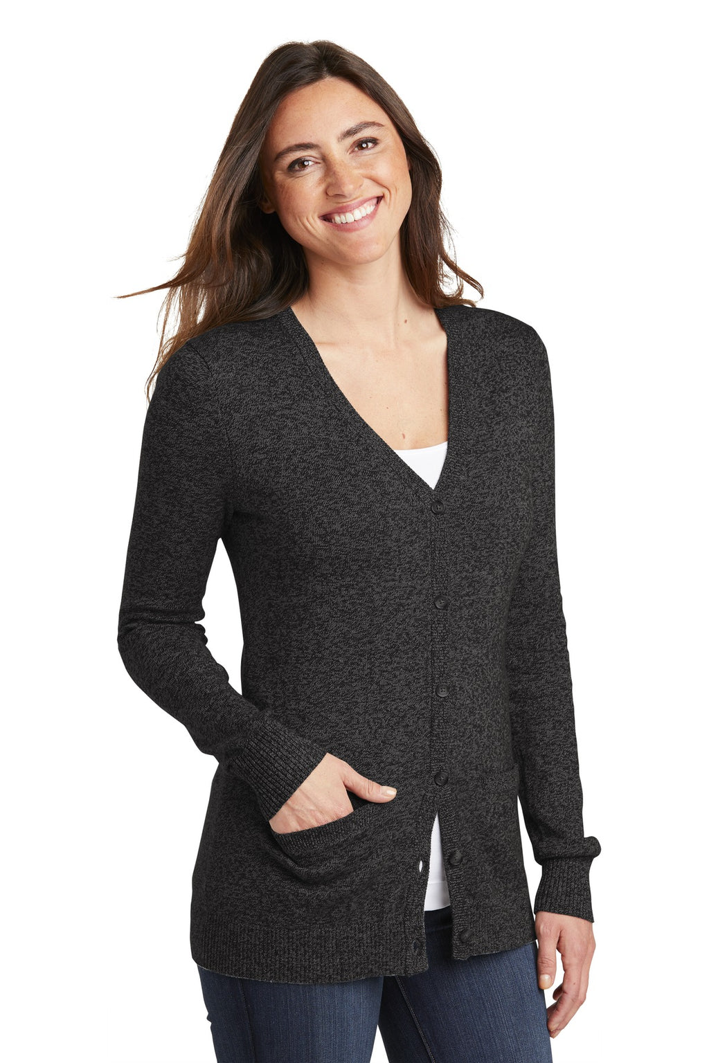 DISCONTINUED Port Authority Women's Marled Cardigan Sweater. LSW415 - Black Marl - three_q