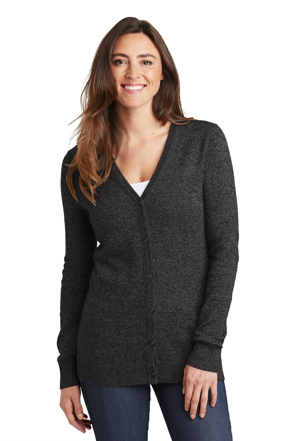 DISCONTINUED Port Authority Women's Marled Cardigan Sweater. LSW415 - Black Marl - front