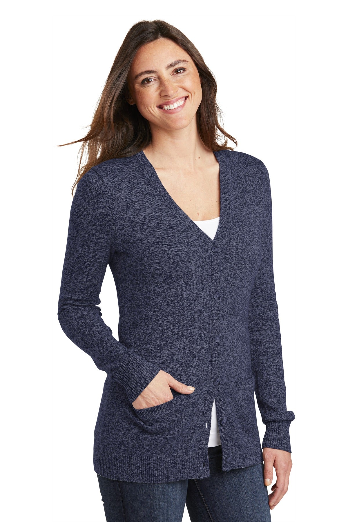 DISCONTINUED Port Authority Women's Marled Cardigan Sweater. LSW415 - Navy Marl - three_q