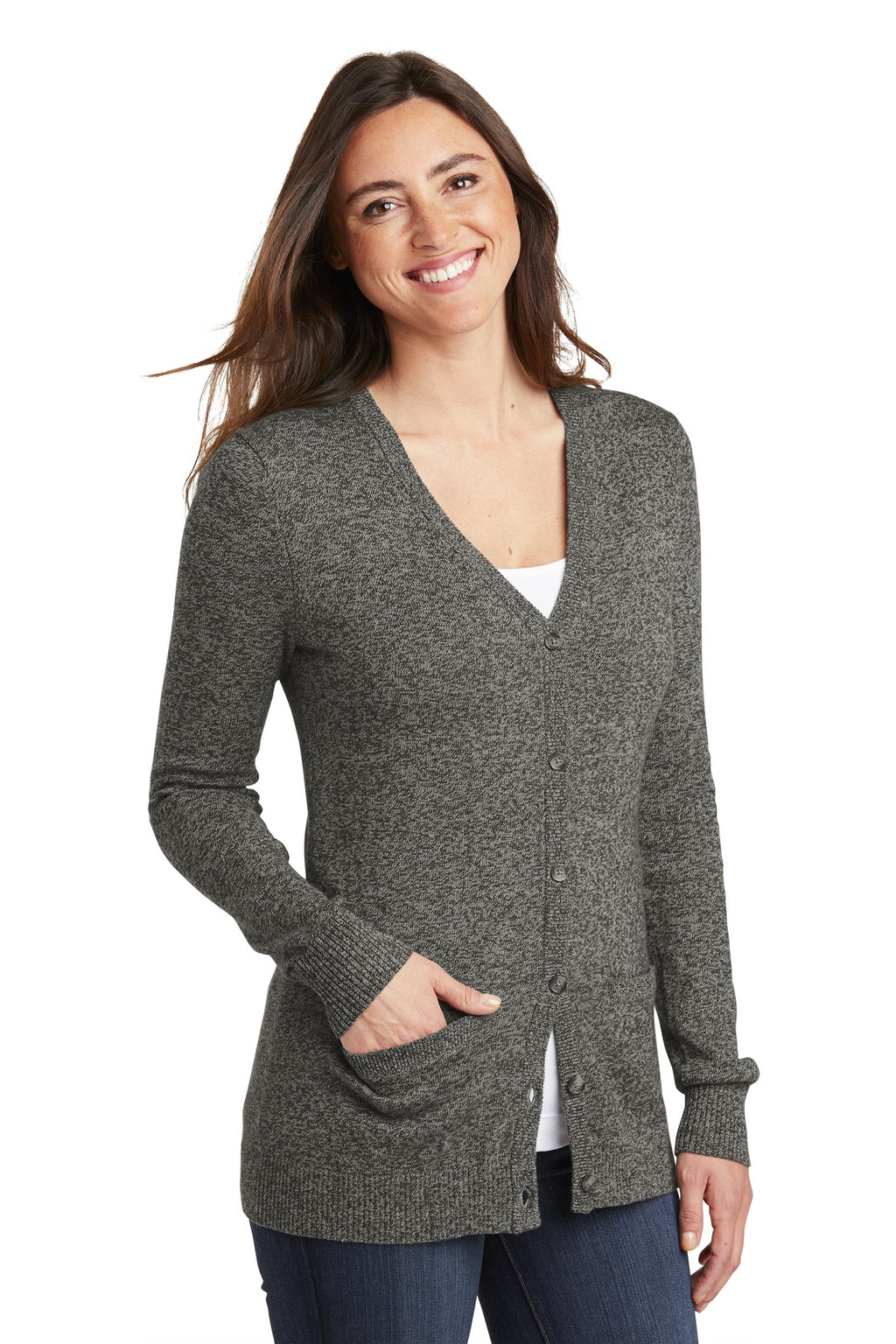 DISCONTINUED Port Authority Women's Marled Cardigan Sweater. LSW415 - Warm Grey Marl - three_q