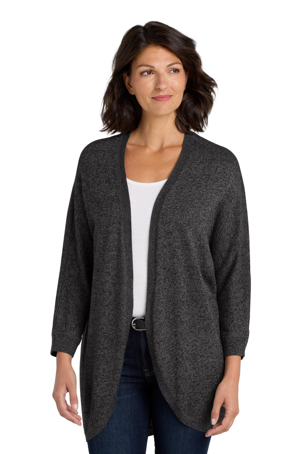 DISCONTINUED Port Authority Women's Marled Cocoon Sweater. LSW416 - Black Marl - front