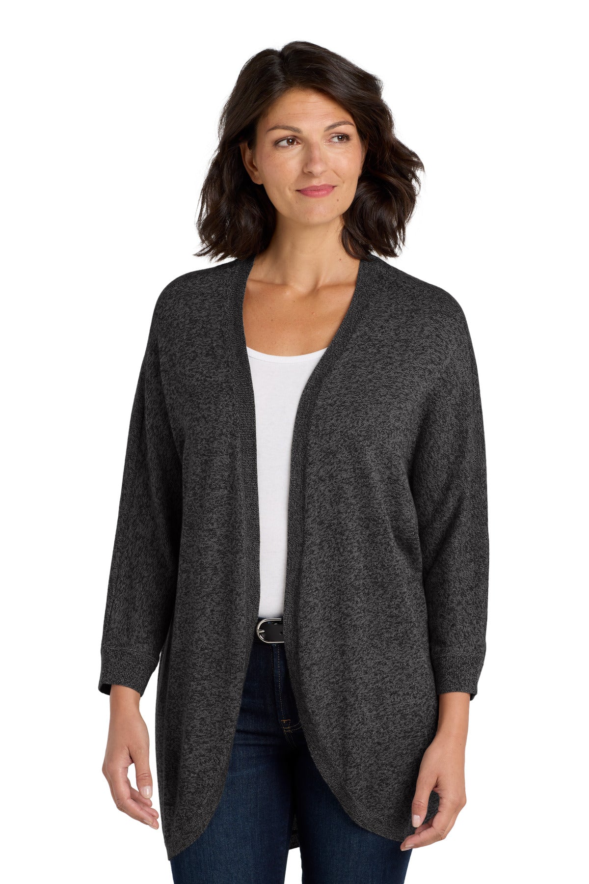 DISCONTINUED Port Authority Women's Marled Cocoon Sweater. LSW416 - Black Marl - front