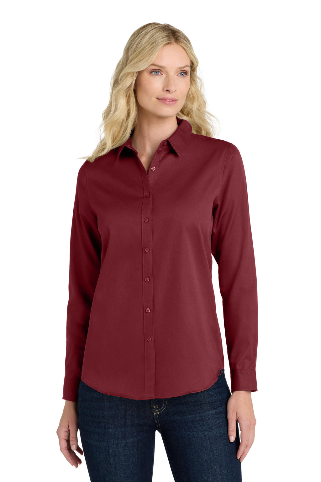 Port Authority Women's Long Sleeve SuperPro React Twill Shirt. LW808 - Burgundy - front