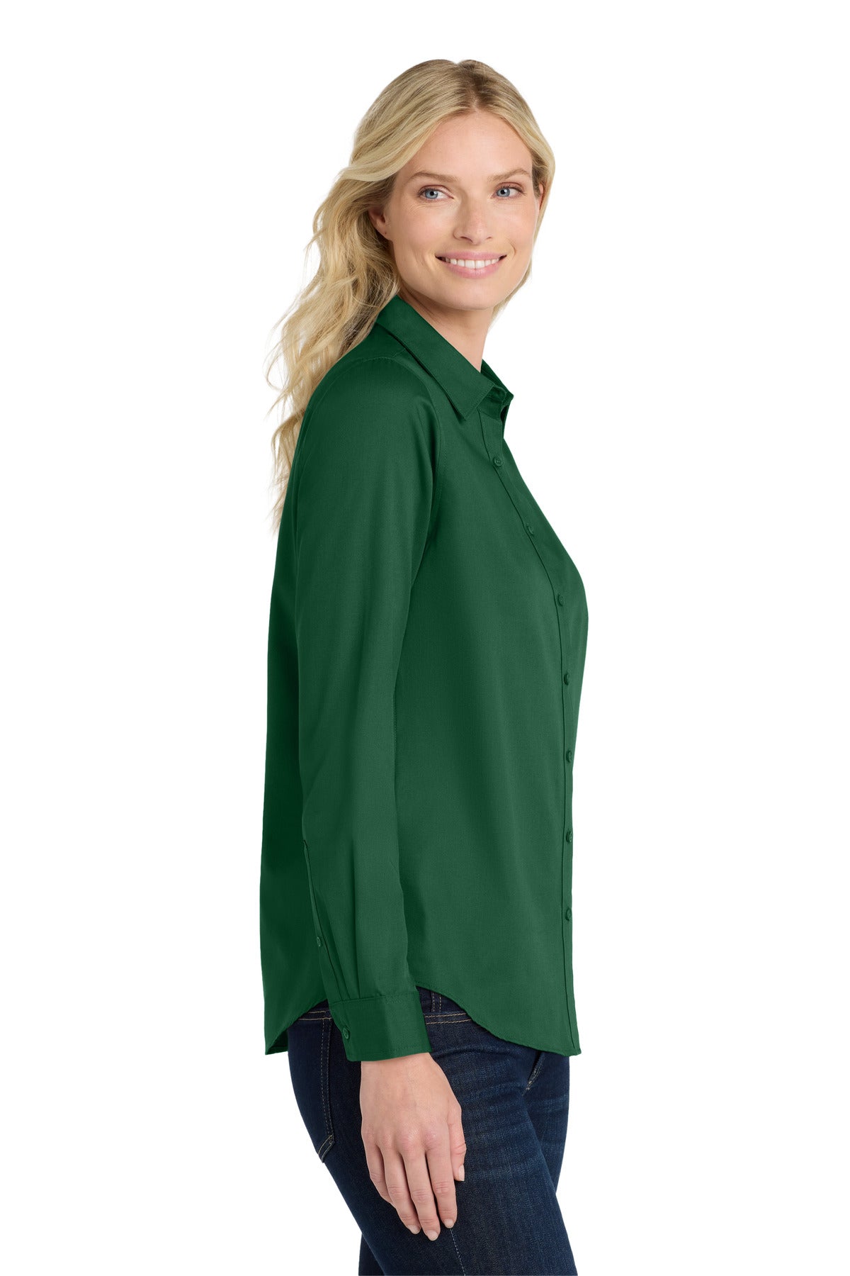 Port Authority Women's Long Sleeve SuperPro React Twill Shirt. LW808 - Dark Green - side