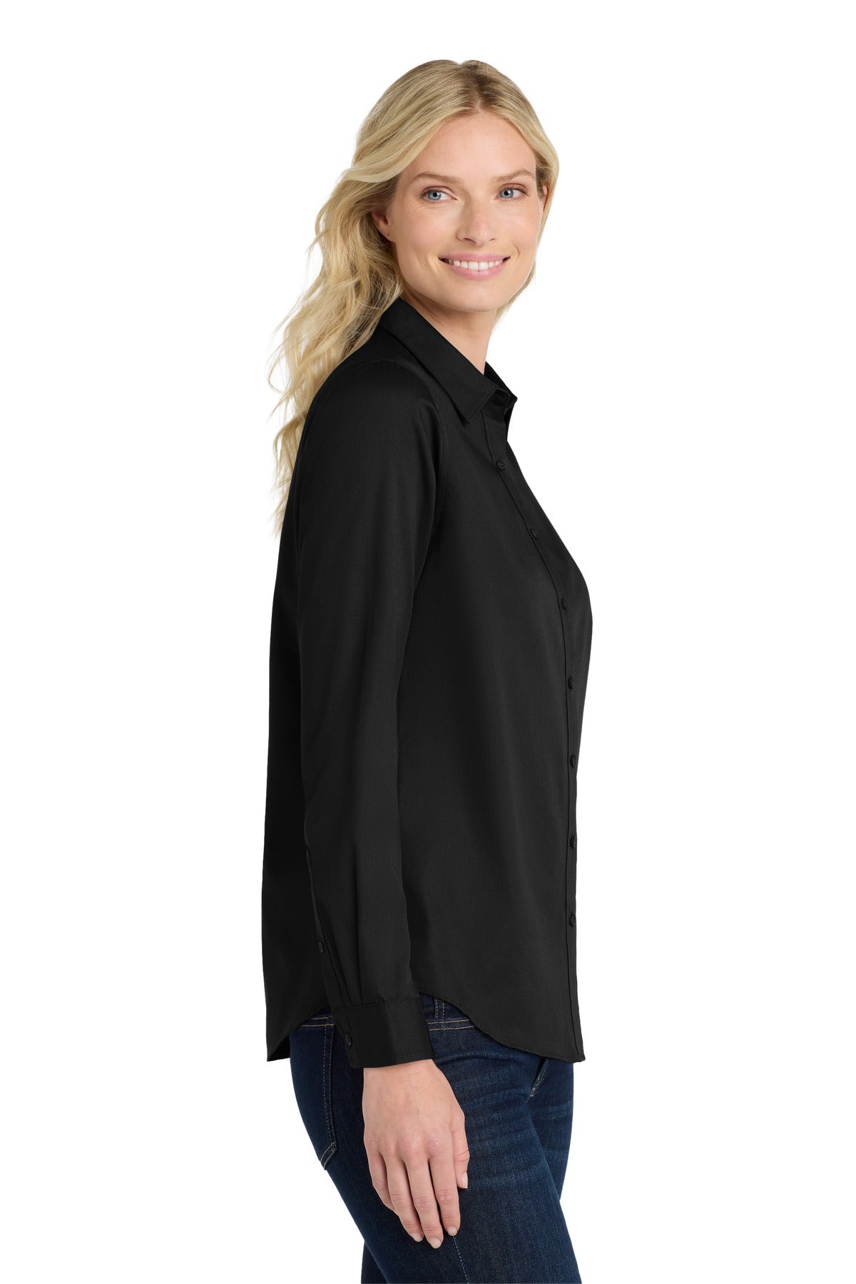 Port Authority Women's Long Sleeve SuperPro React Twill Shirt. LW808 - Deep Black - side