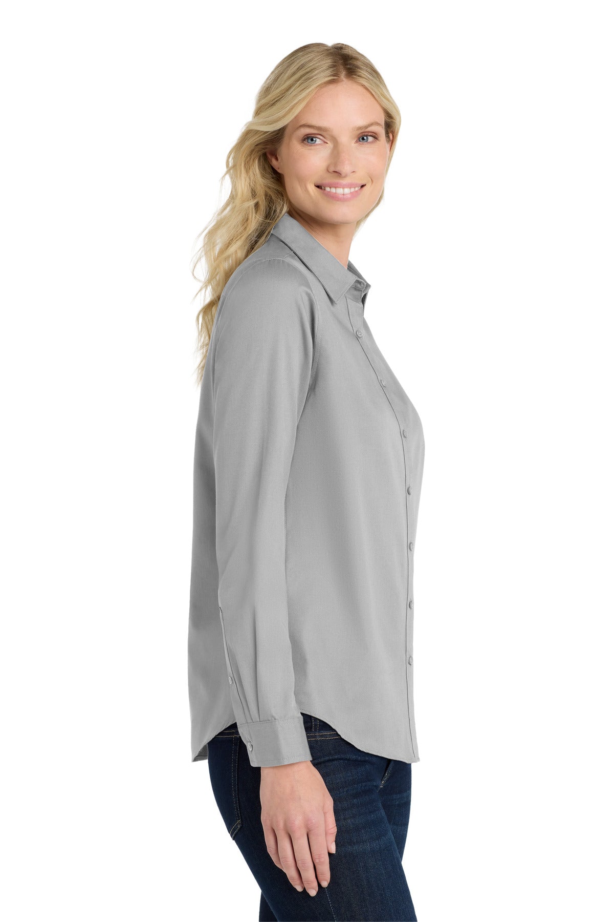 Port Authority Women's Long Sleeve SuperPro React Twill Shirt. LW808 - Gusty Grey - side