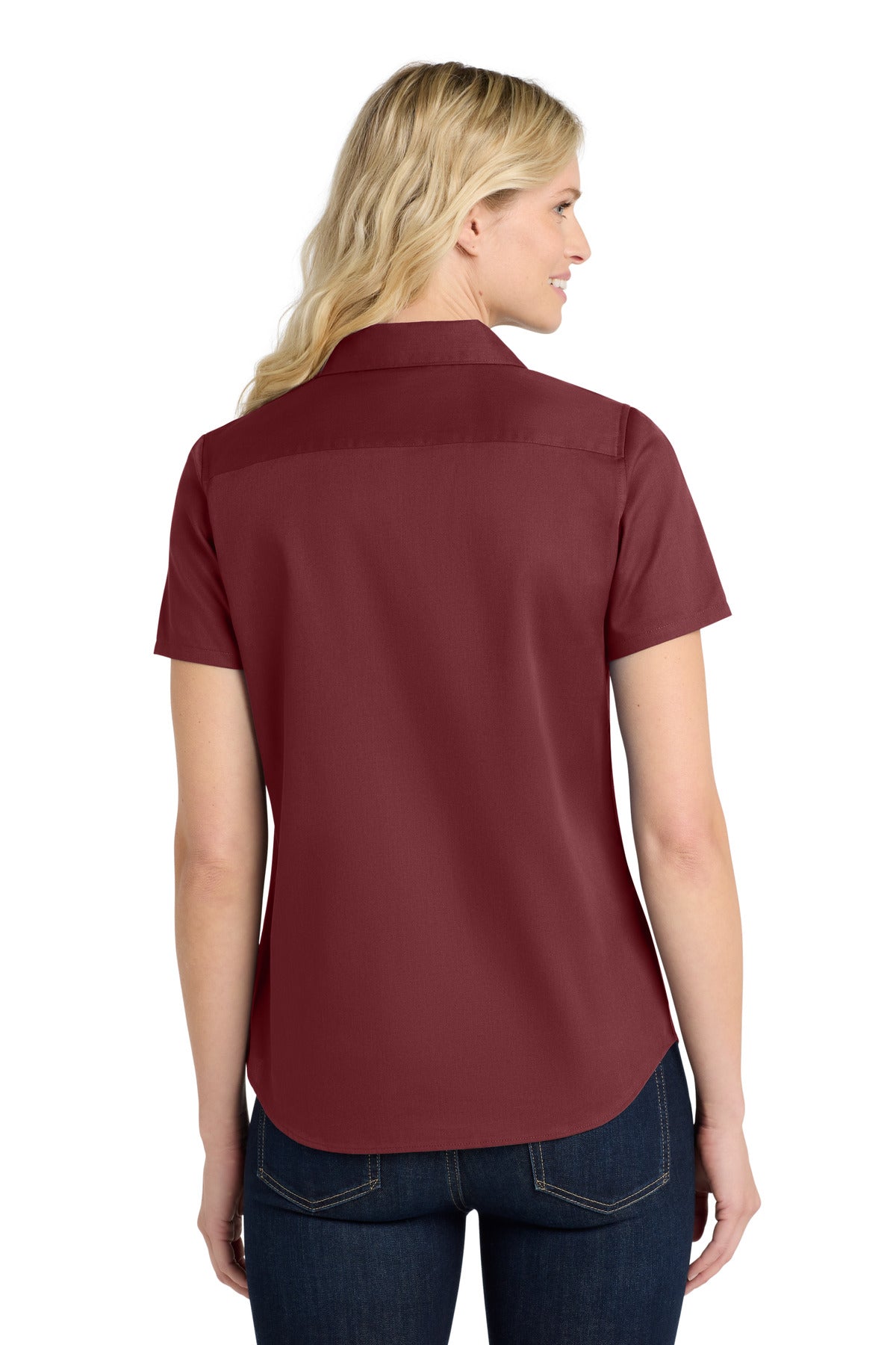 Port Authority Women's Short Sleeve SuperPro React Twill Shirt. LW809 - Burgundy - back