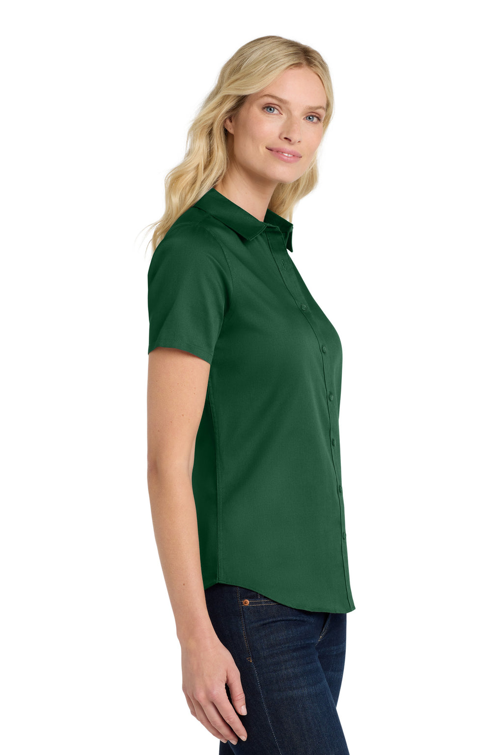 Port Authority Women's Short Sleeve SuperPro React Twill Shirt. LW809 - Dark Green - side