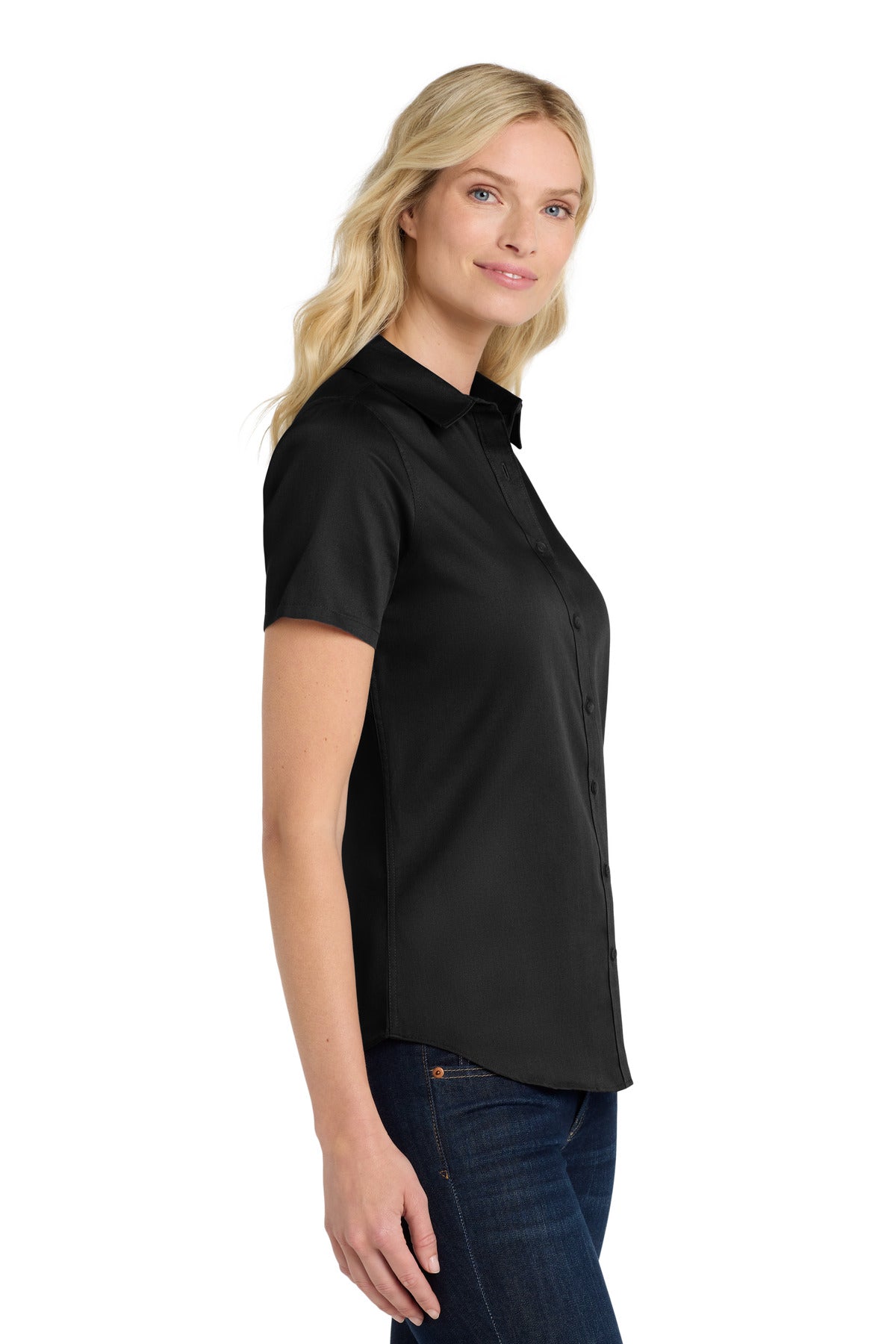 Port Authority Women's Short Sleeve SuperPro React Twill Shirt. LW809 - Deep Black - side