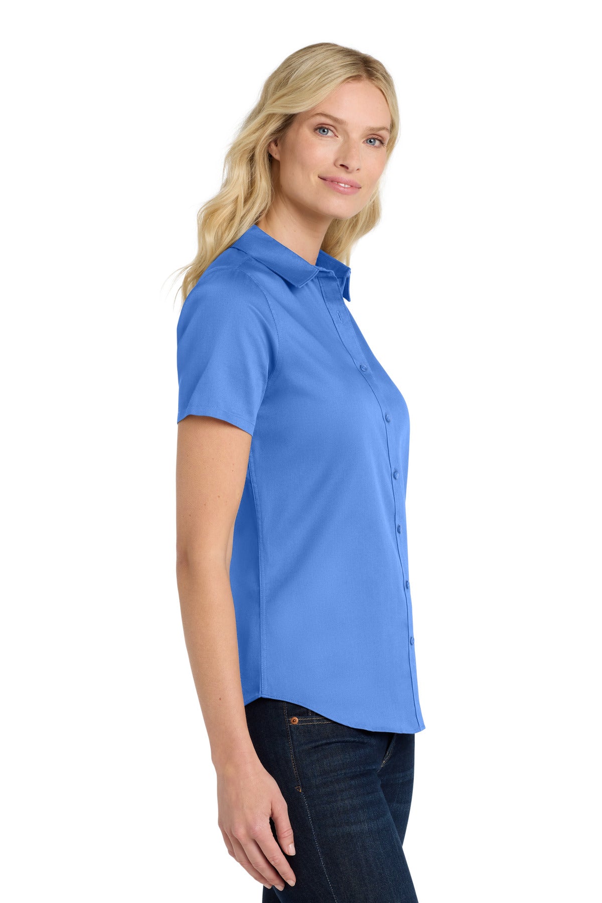 Port Authority Women's Short Sleeve SuperPro React Twill Shirt. LW809 - Ultramarine Blue - side