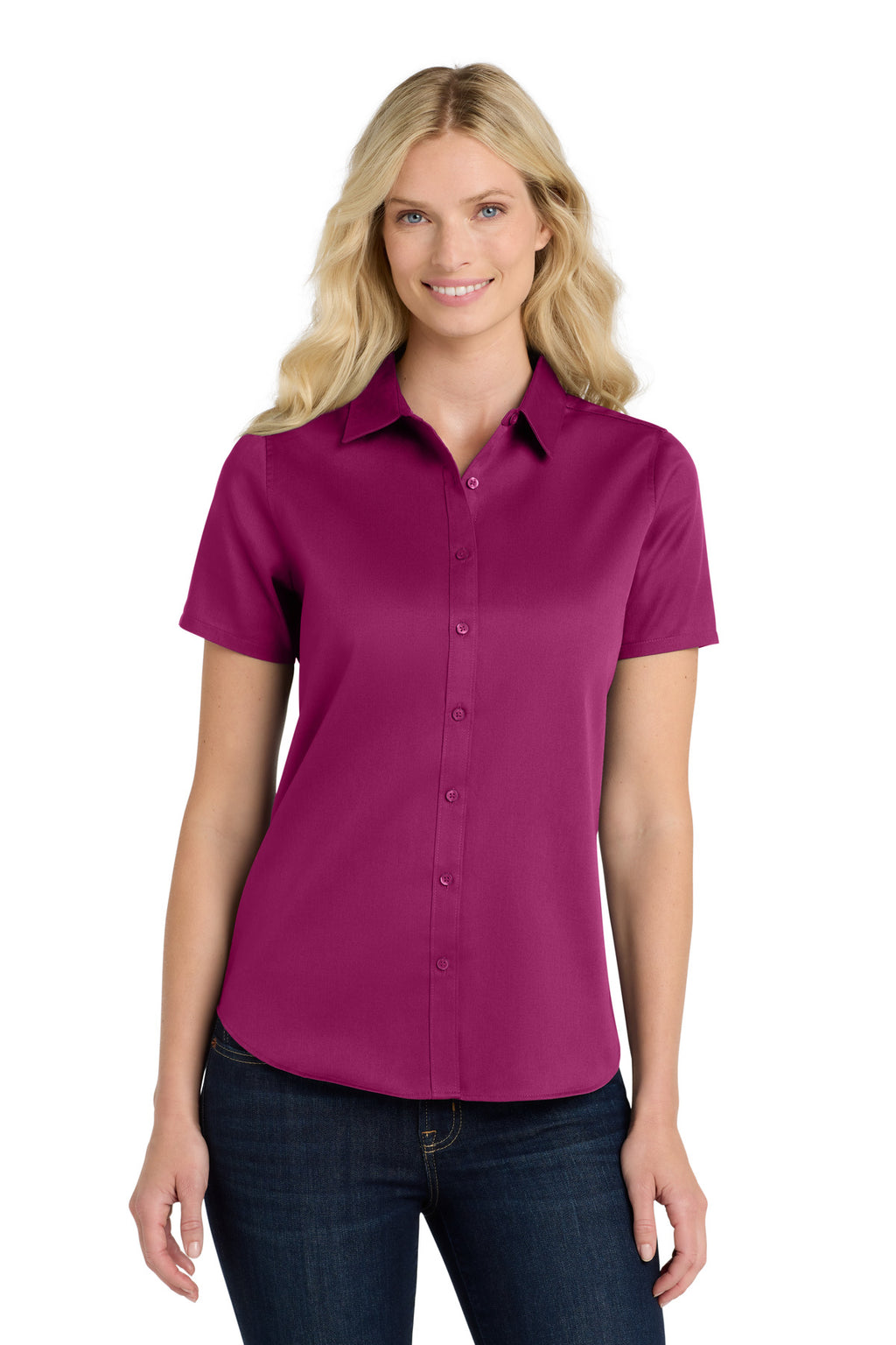 Port Authority Women's Short Sleeve SuperPro React Twill Shirt. LW809 - Wild Berry - front