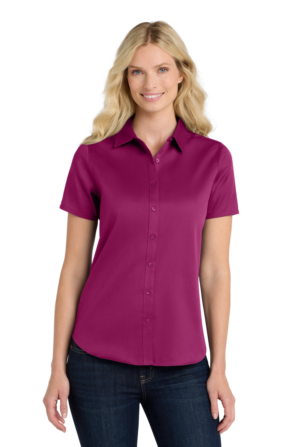 Port Authority Women's Short Sleeve SuperPro React Twill Shirt. LW809 - Wild Berry - front