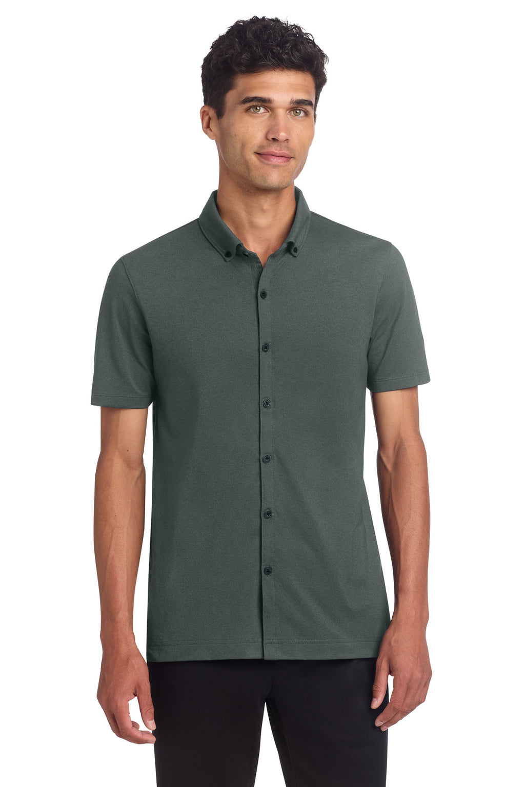 Mercer+Mettle Stretch Pique Full-Button Polo MM1006 - Anchor Grey - front