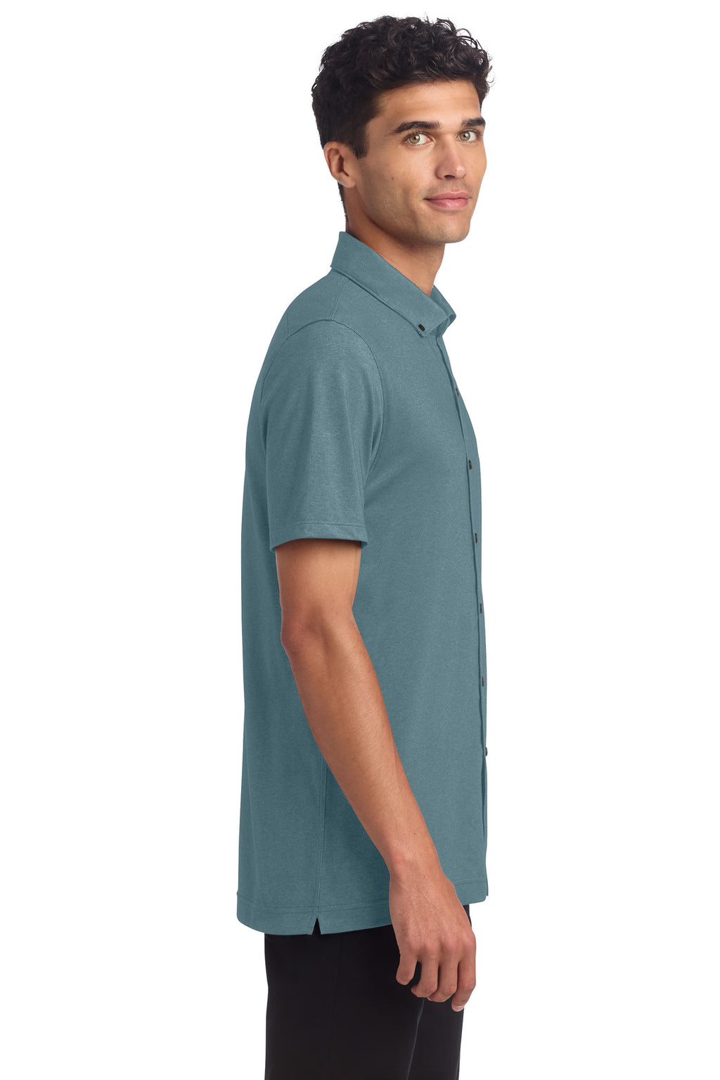 Mercer+Mettle Stretch Pique Full-Button Polo MM1006 - Parisian Blue Heather - side