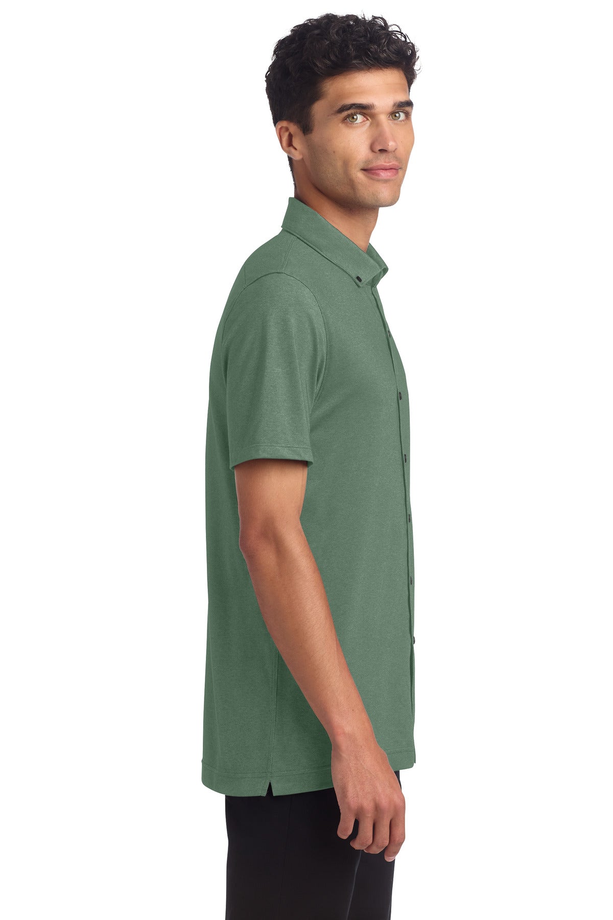 Mercer+Mettle Stretch Pique Full-Button Polo MM1006 - Sage Heather - side