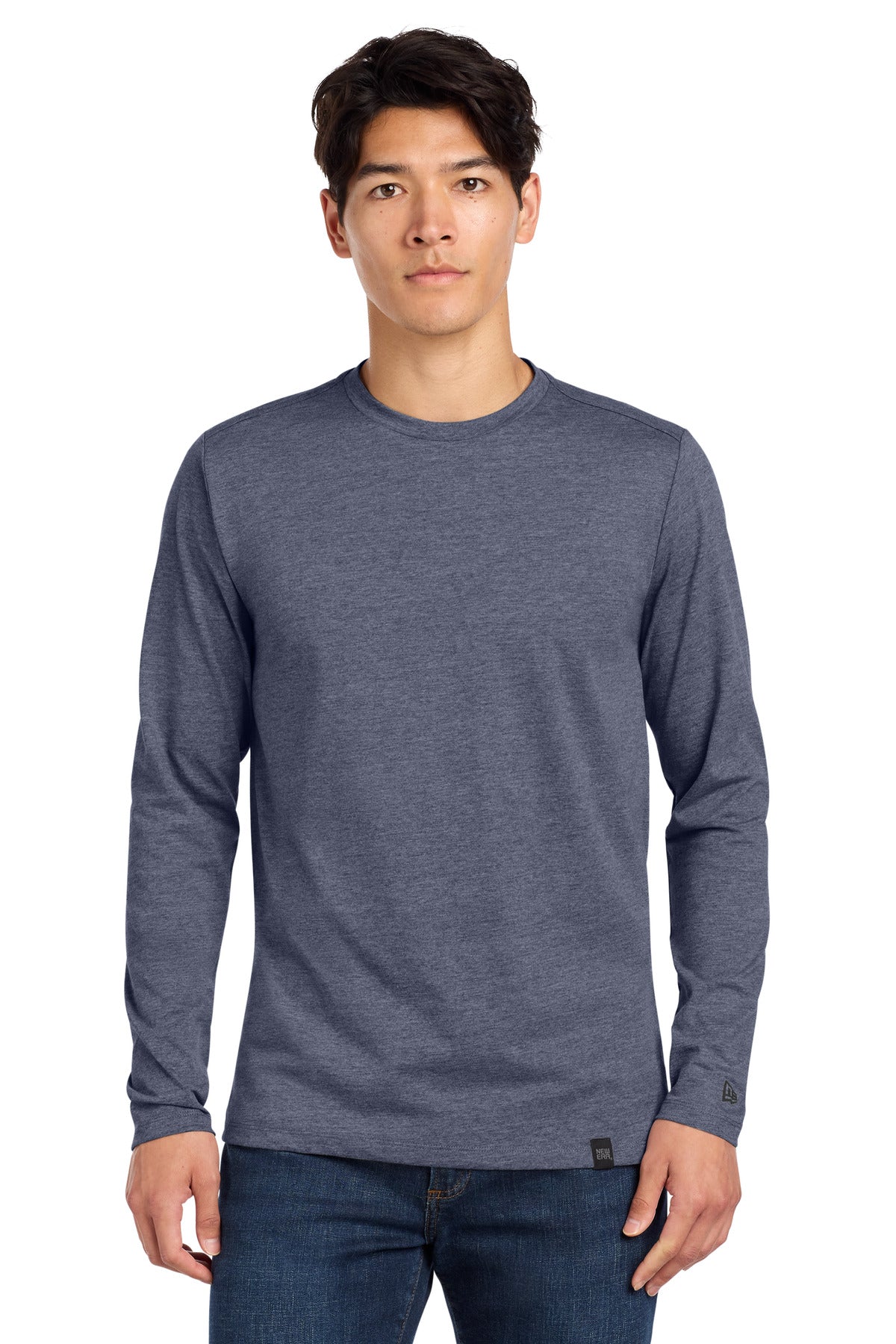 New Era Heritage Blend Long Sleeve Crew Tee. NEA102 - True Navy Heather - front