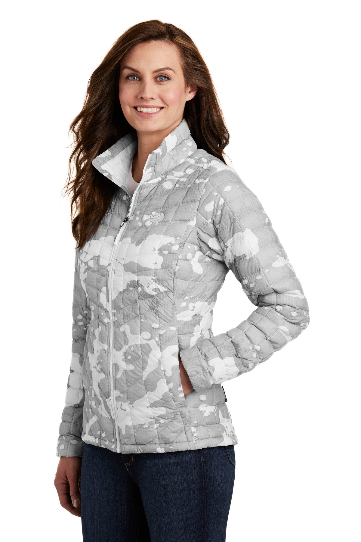 The North Face Women's ThermoBall Trekker Jacket. NF0A3LHK - TNF White Woodchip Print - three_q