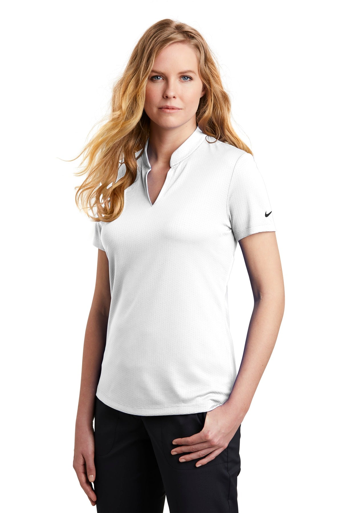 DISCONTINUED Nike Ladies Dri-FIT Hex Textured V-Neck Top. NKAA1848 - White - three_q