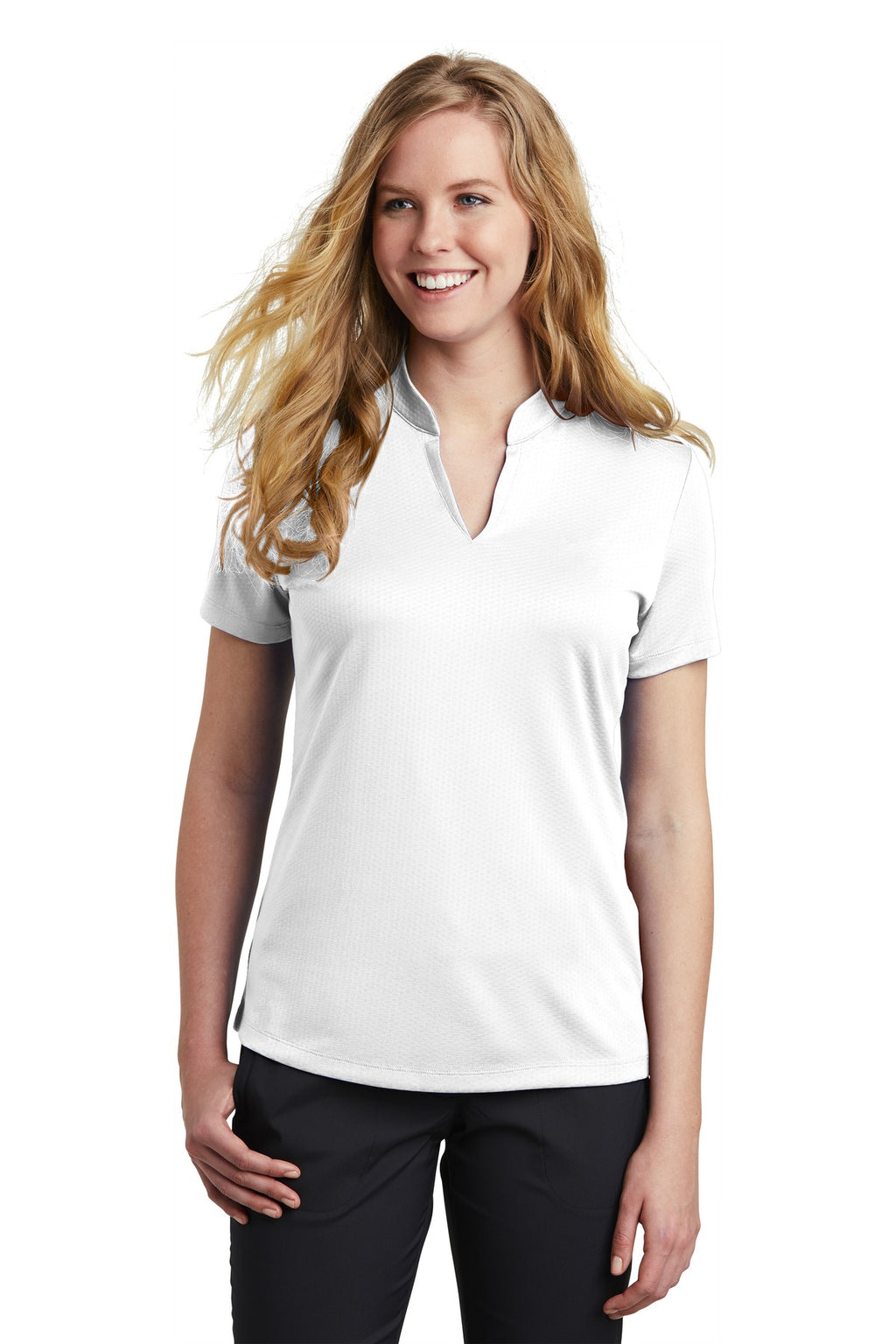 DISCONTINUED Nike Ladies Dri-FIT Hex Textured V-Neck Top. NKAA1848 - White - front