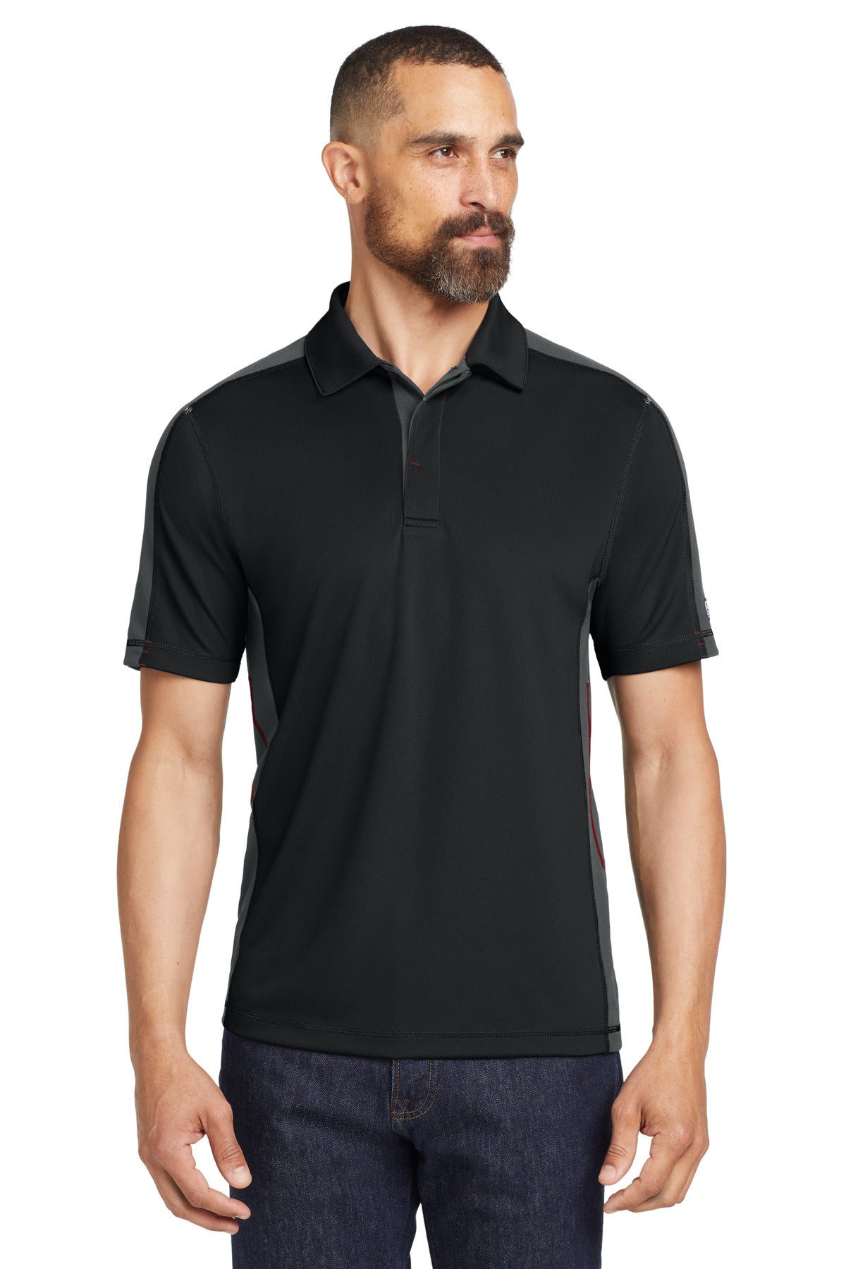 DISCONTINUED OGIO - Trax Polo. OG106 - Blacktop/ Diesel Grey/ Signal Red - front