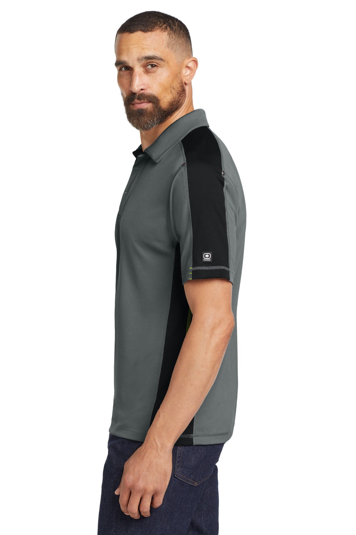 DISCONTINUED OGIO - Trax Polo. OG106 - Petrol Grey/ Blacktop/ Shock Green - side